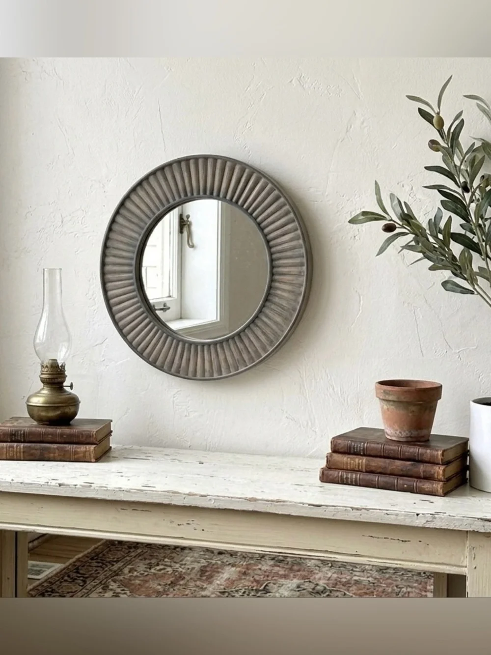 Gray Sunburst Starburst Round Circle Wall Hanging Mirror Lightweight 10” Boho